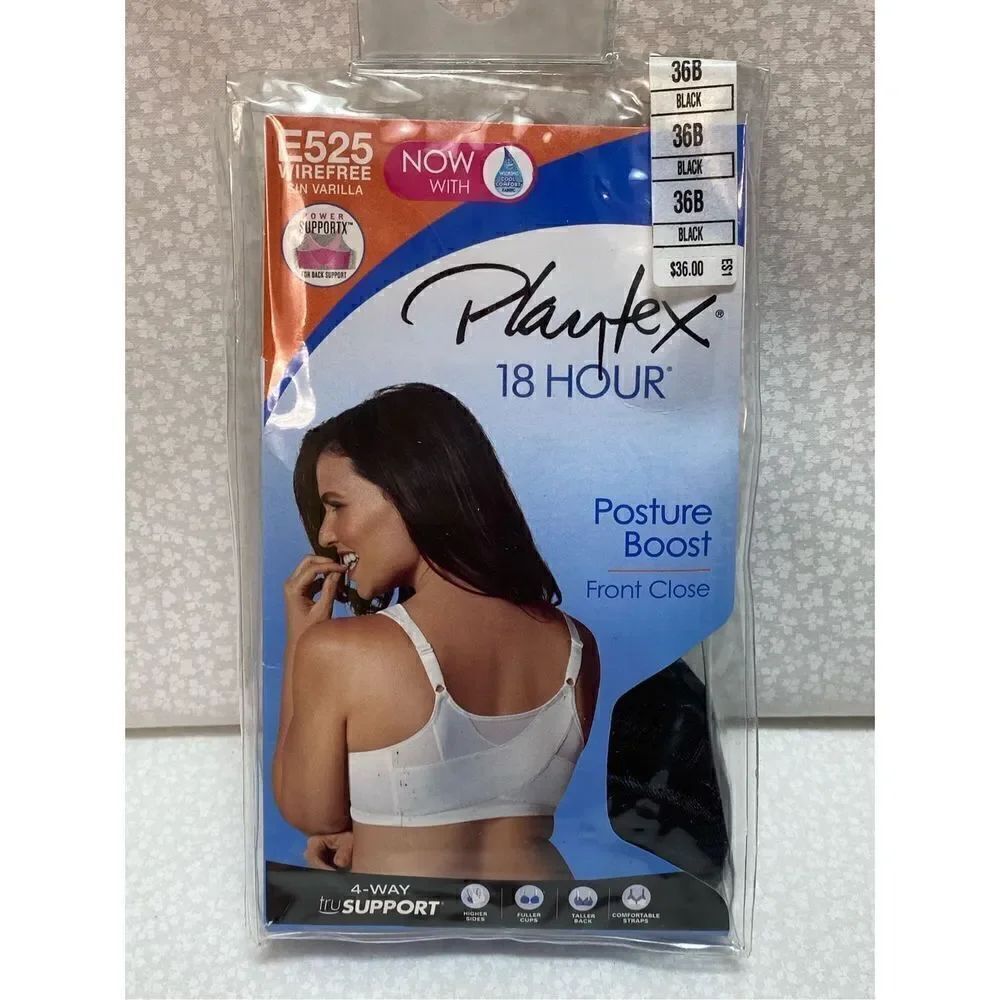 Playtex Women's 18 Hour 36B BLACK Front Close Wirefree Back Support Posture Full - Picture 3 of 13